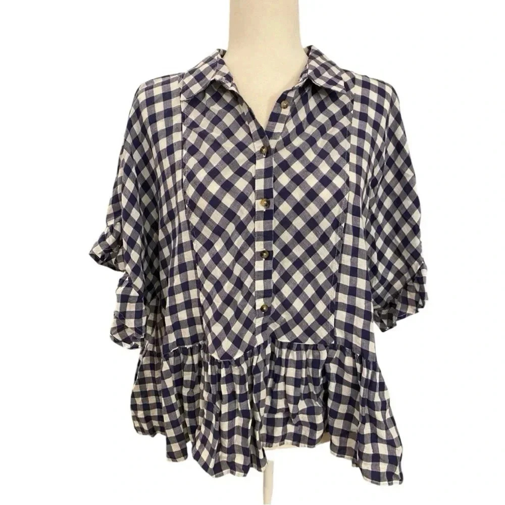 Anthropologie Blue and White Gingham Button-Front Peplum Blouse